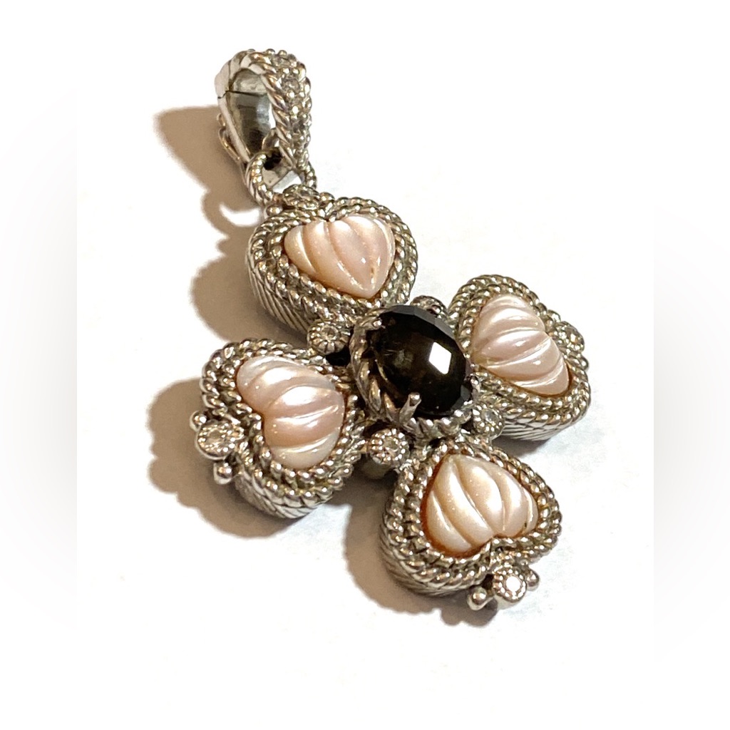 Judith Ripka Sterling Silver Mother Of Pearl Smoky Quartz Cross Pendant 199$